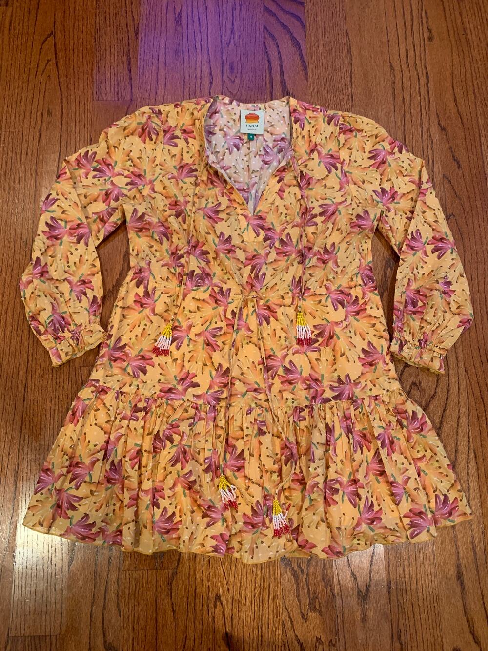 Farm Rio Banana Sunshine Mini Ruffle Skirt Dress | Yellow Pink Multi | XS
